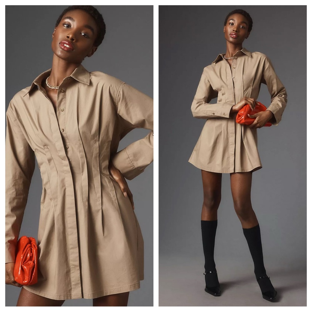 NEW Anthropologie Pilcro Pintuck Mini Shirt Dress Khaki Beige Small Button Front - Picture 13 of 15
